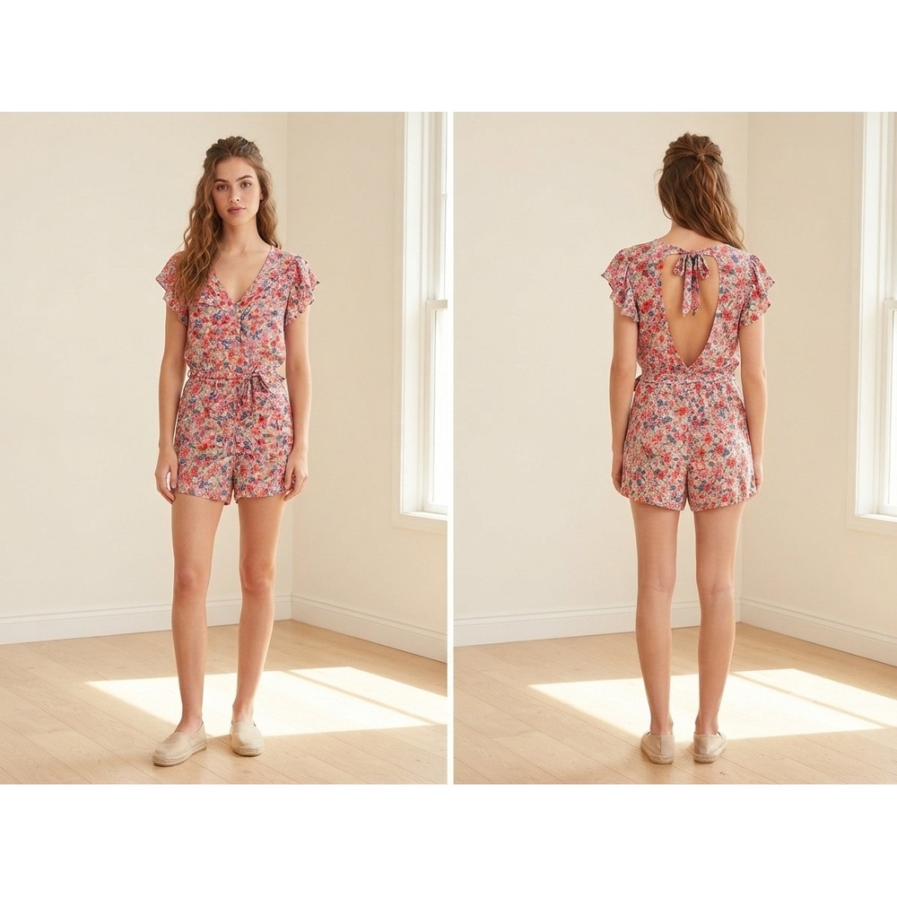 American Eagle Floral Romper XS Pink Blue Open Back Flutter Sleeve V-Neck Pocket